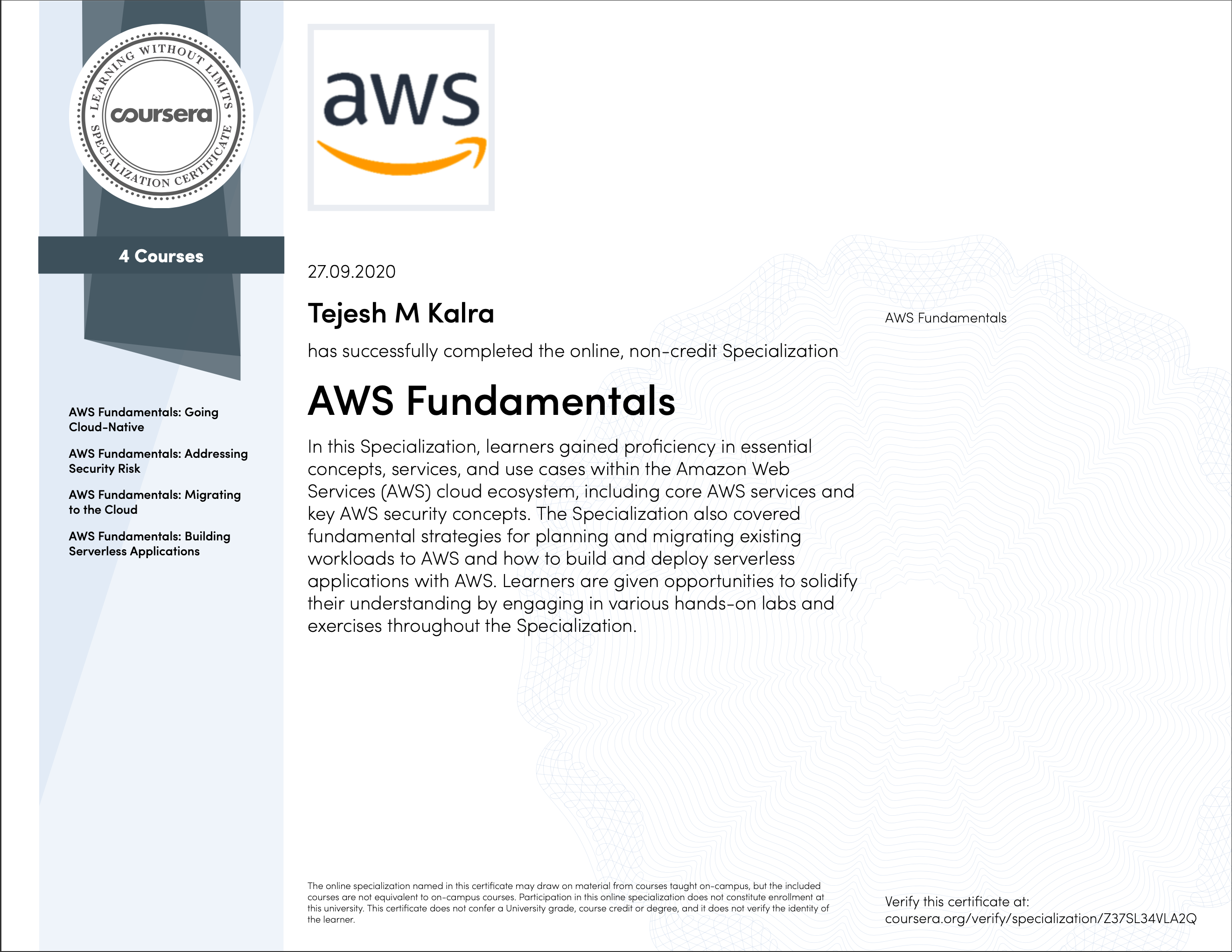 Coursera AWS Fundamentals Certificate